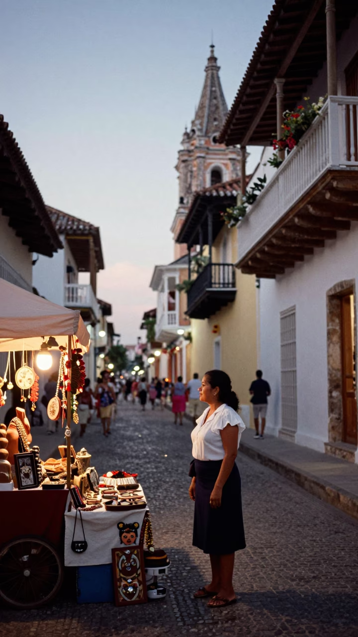 Early Evening Street Scene in Cartagena Colombia with Local Crafts and Indigo Fabric in in Cartagena, Colombia