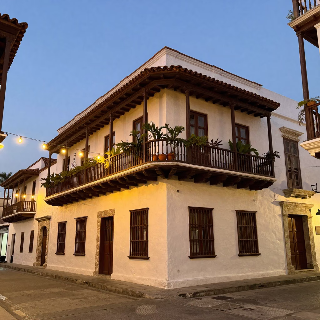 Early Evening Street Scene in Cartagena Colombia with String Lights and Hotel Valet Stand in in Cartagena, Colombia