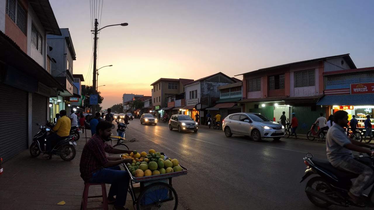 Early Evening Street Scene in Chennai India with Fruit Vendor and Sunlight in in Chennai, India