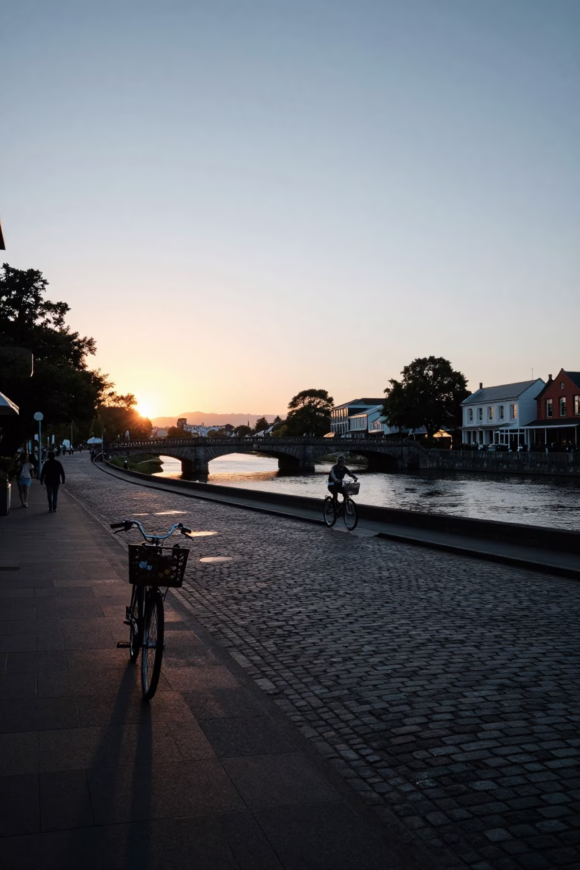 Early Evening Street Scene in Christchurch New Zealand with Bicycle Basket and Urban Life in in Christchurch, New Zealand