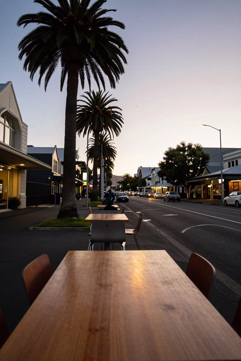 Early Evening Street Scene in Christchurch New Zealand with Palm Tree Avenue in in Christchurch, New Zealand