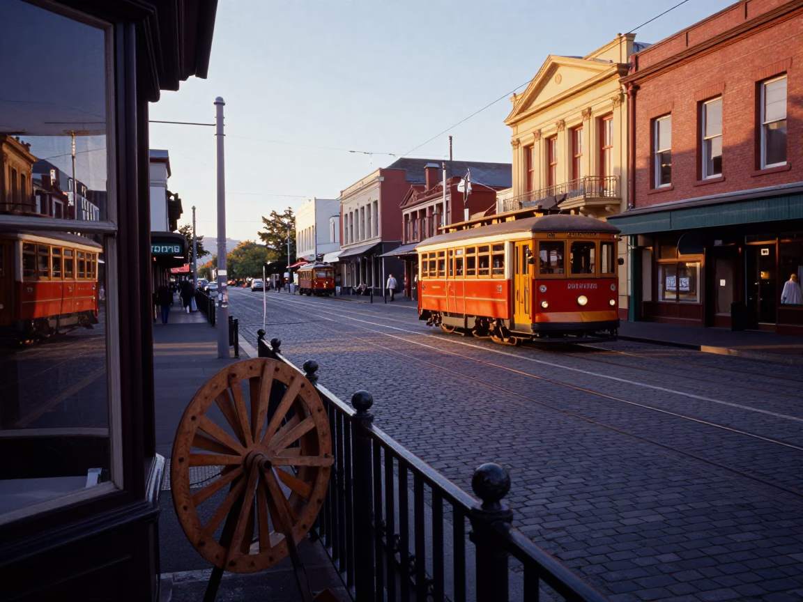 Early Evening Street Scene in Christchurch New Zealand with Vintage Tramway and Local Details in in Christchurch, New Zealand