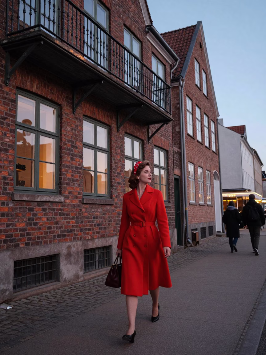 Early Evening Street Scene in Copenhagen Denmark Featuring Vintage Fashion and Local Architecture in in Copenhagen, Denmark
