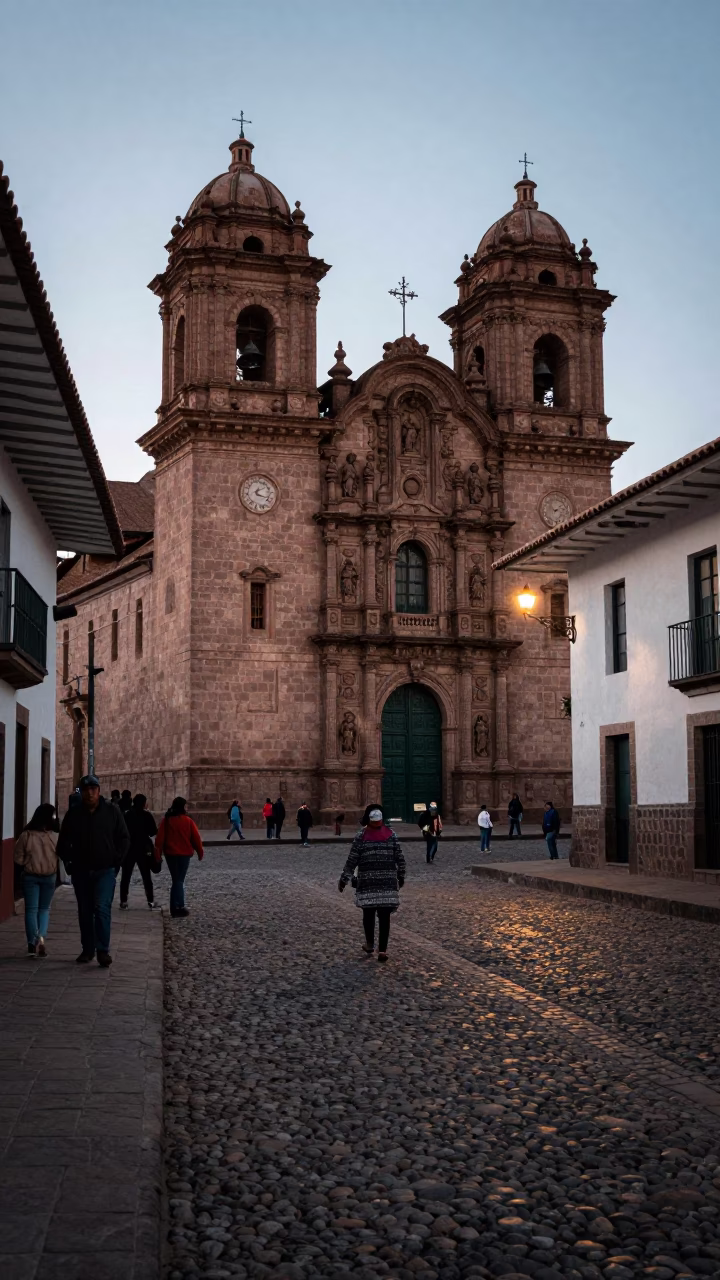 Early Evening Street Scene in Cusco Peru with Cobblestones and Local Architecture in in Cusco, Peru