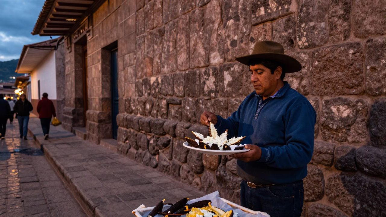 Early Evening Street Scene in Cusco Peru with Local Food Vendor and Colonial Architecture in in Cusco, Peru