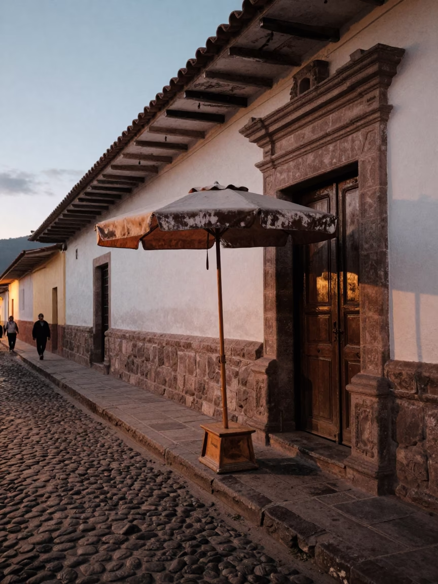 Early Evening Street Scene in Cusco Peru with Umbrella Stand and Notebook in in Cusco, Peru