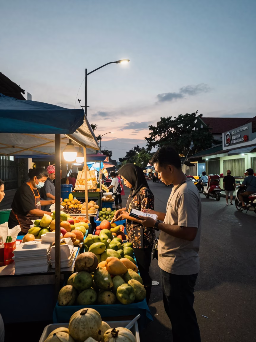 Early Evening Street Scene in Denpasar Indonesia with Local Food and Natural Details in in Denpasar, Indonesia