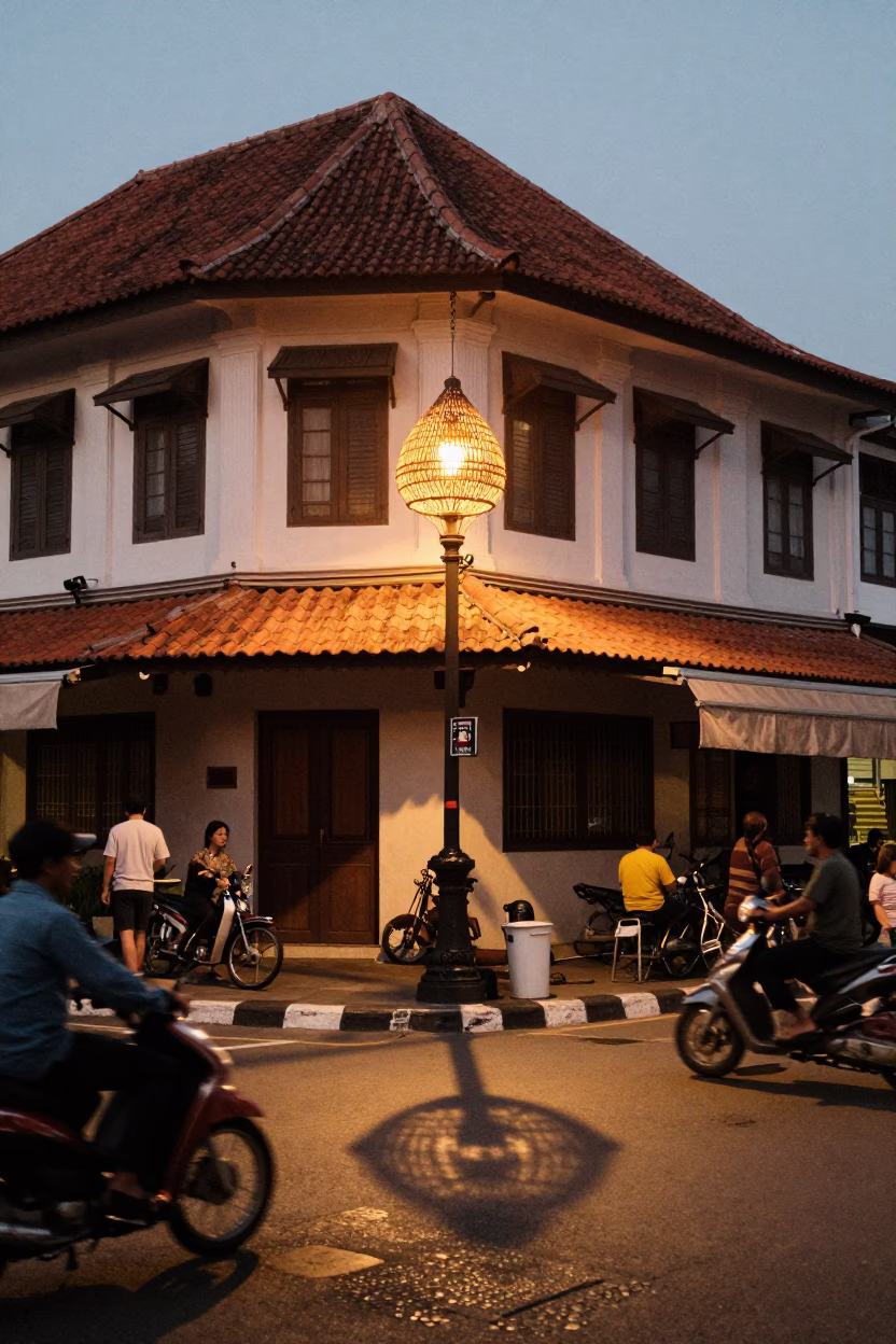 Early Evening Street Scene in Denpasar Indonesia with Wicker Lamp Shadow and Local Commerce in in Denpasar, Indonesia