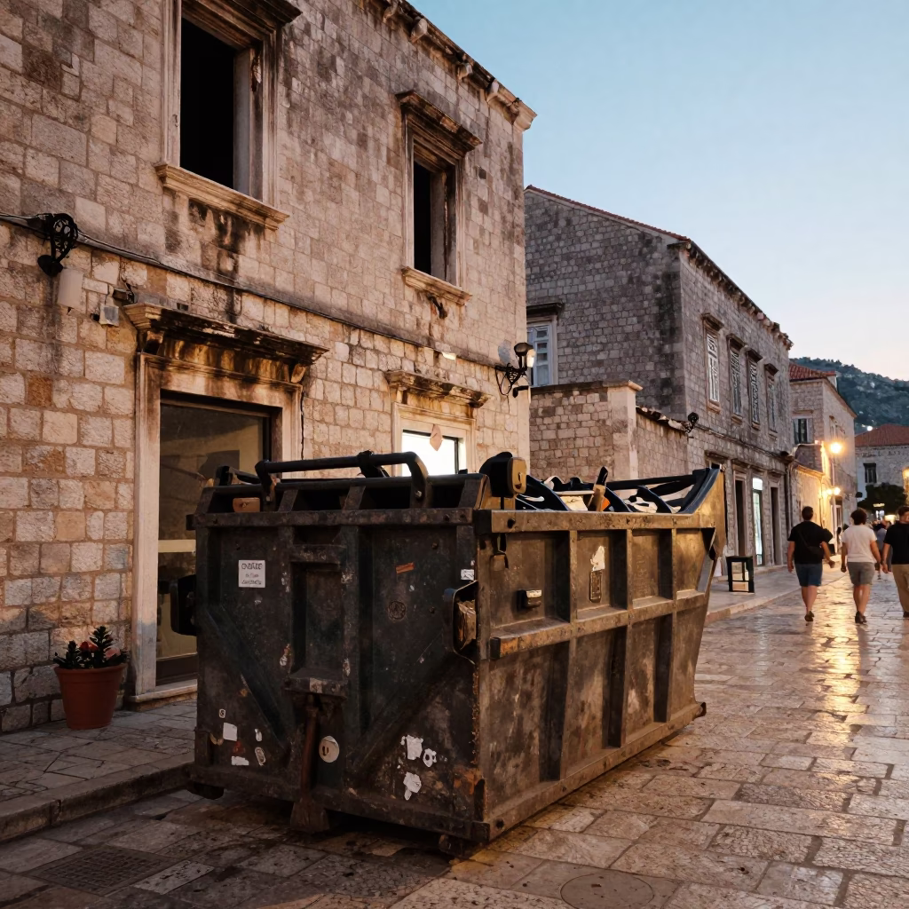 Early Evening Street Scene in Dubrovnik Croatia with Demolition Dumpster and Doorframe in in Dubrovnik, Croatia