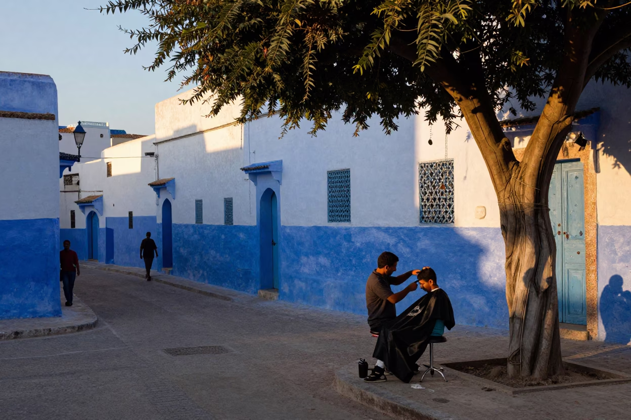 Early Evening Street Scene in Essaouira Morocco with Barber Under Tree in in Essaouira, Morocco