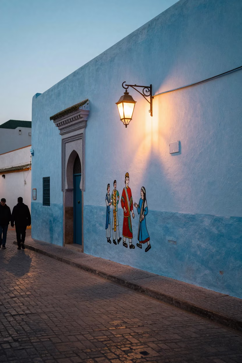 Early Evening Street Scene in Essaouira Morocco with Lantern and Muralist in in Essaouira, Morocco