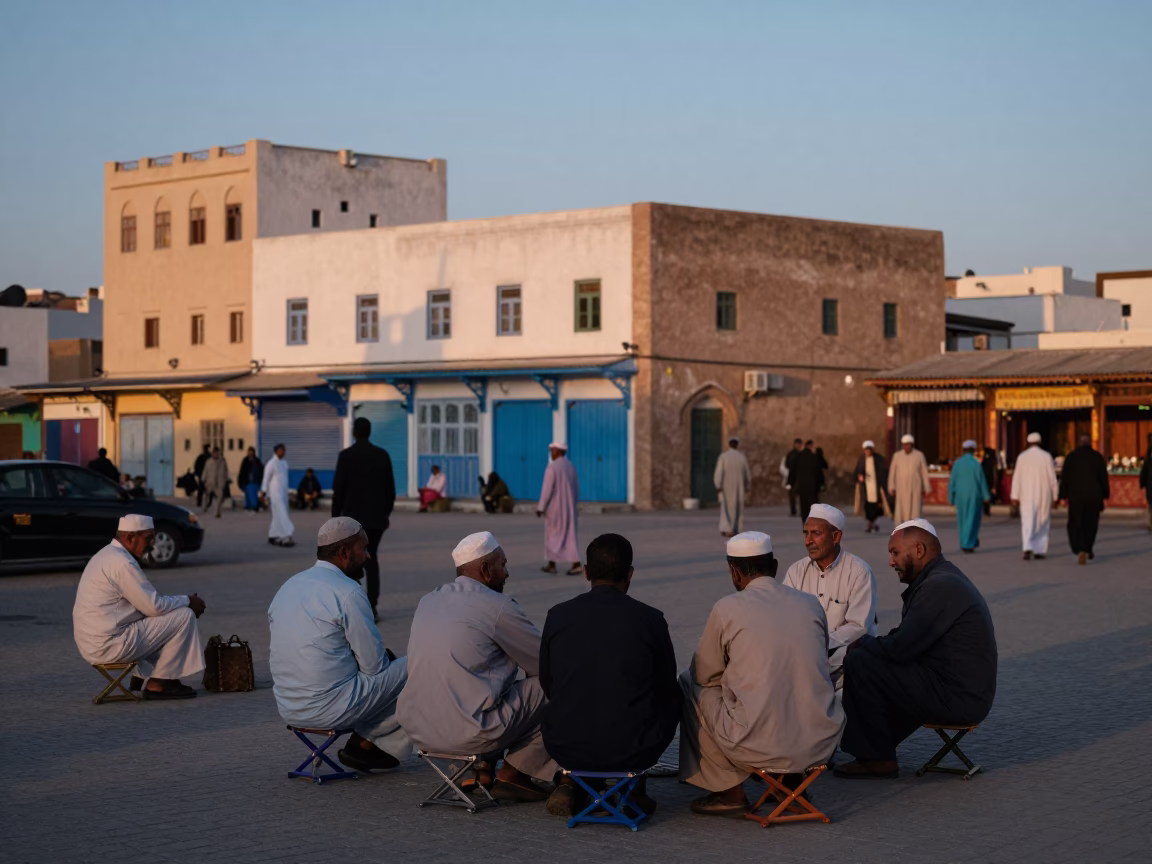 Early evening street scene in Essaouira Morocco with locals and traditional elements in in Essaouira, Morocco