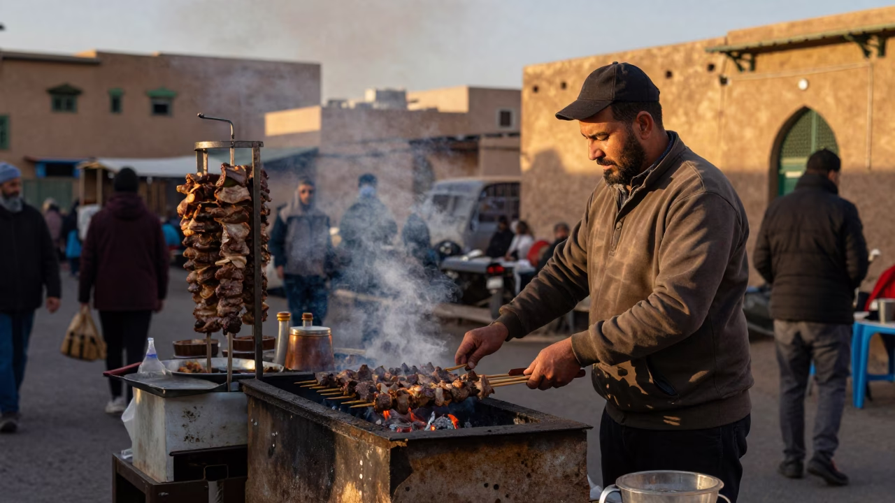 Early Evening Street Scene in Fez Morocco Kebab Grill and Traditional Architecture in in Fez, Morocco