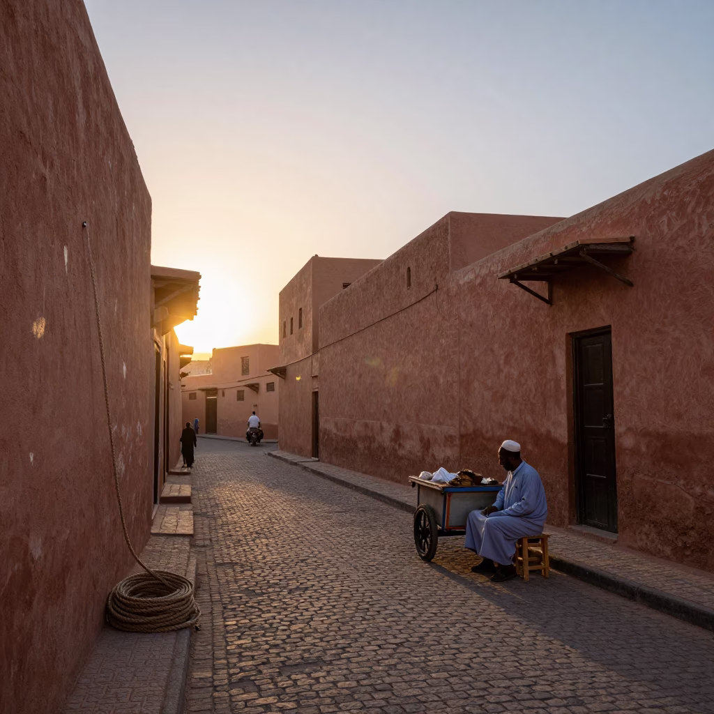 Early Evening Street Scene in Fez Morocco with Coiled Rope and Local Vendor in in Fez, Morocco