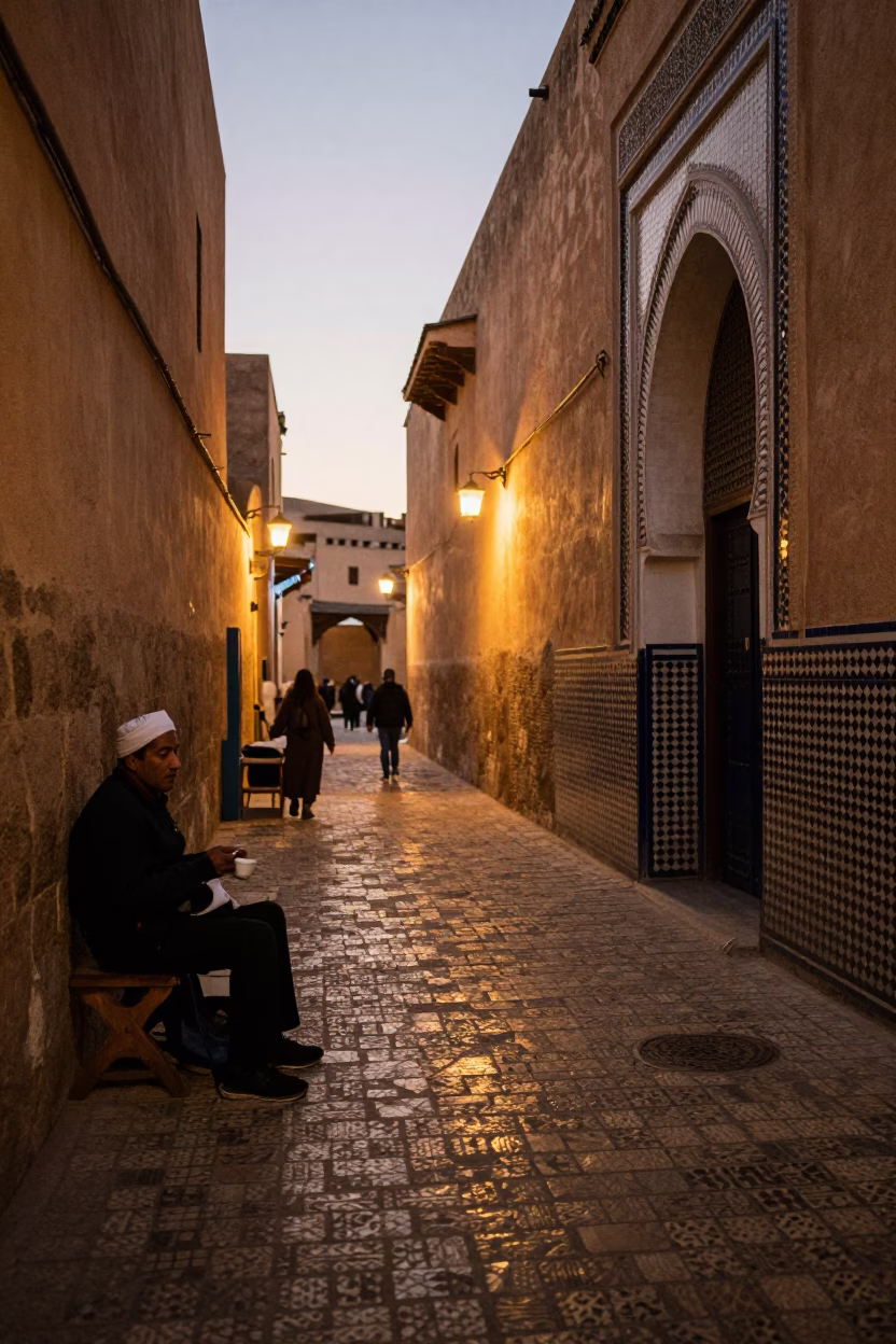 Early Evening Street Scene in Fez Morocco with Local Vendor and Traditional Elements in in Fez, Morocco