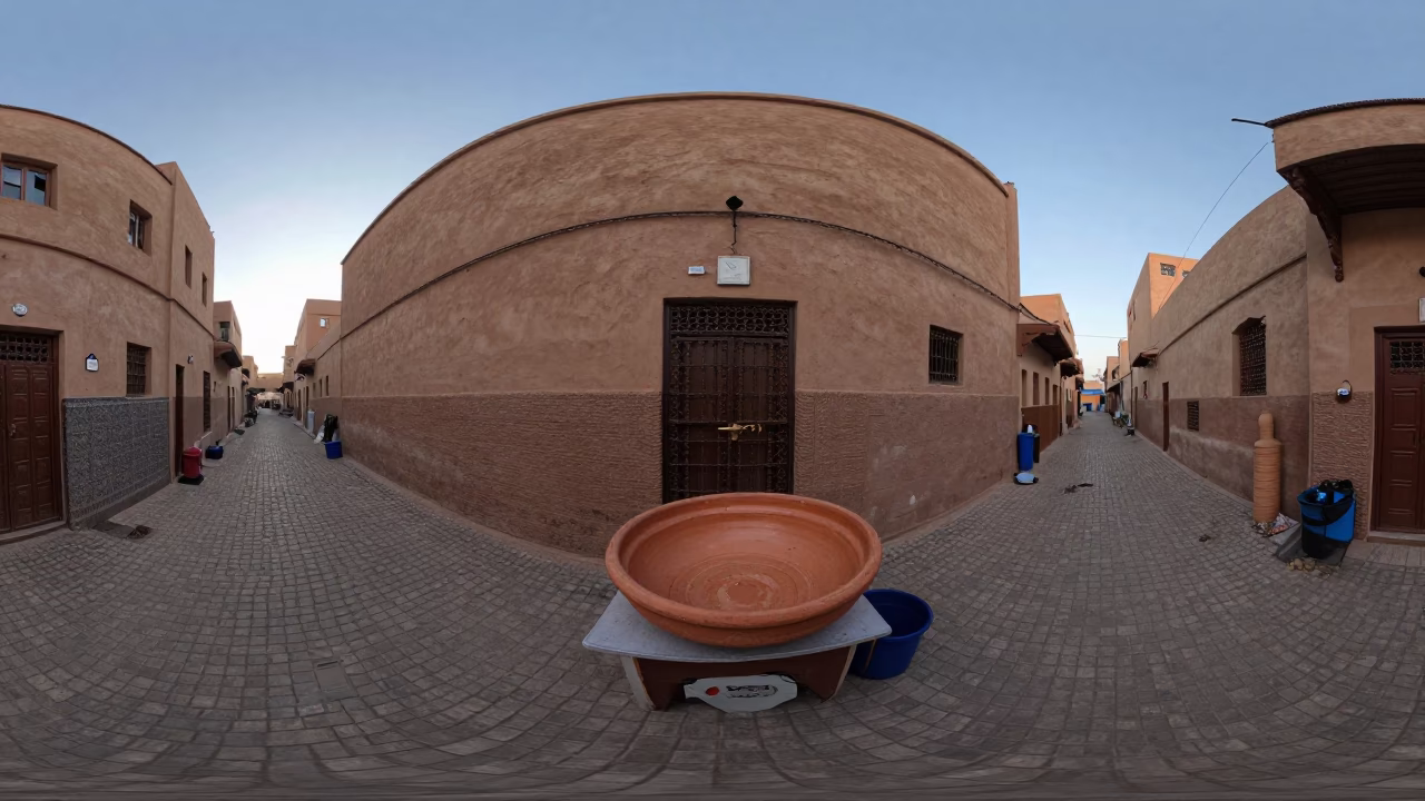 Early Evening Street Scene in Fez Morocco with Terracotta Bowl and Ceramic Cup in in Fez, Morocco