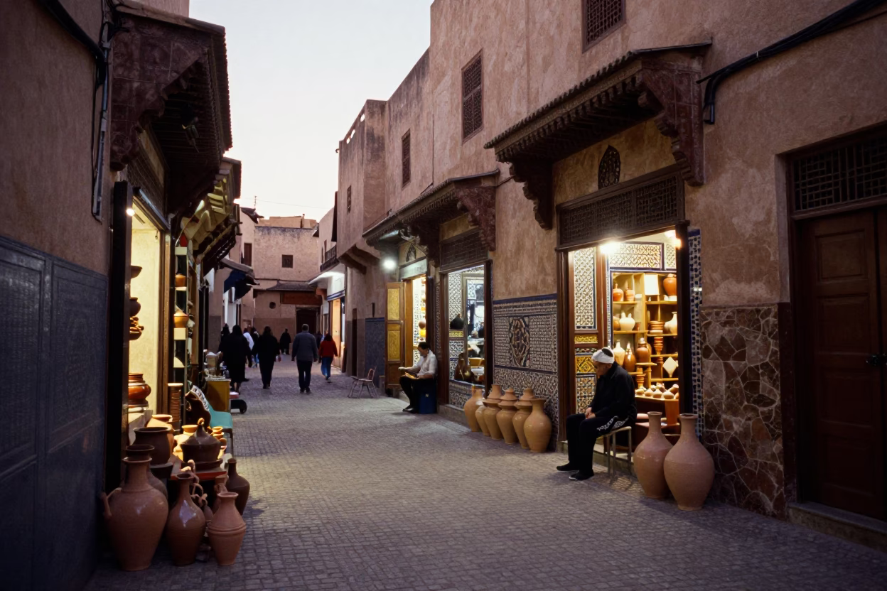 Early Evening Street Scene in Fez Morocco with Traditional Pottery and Mending Basket in in Fez, Morocco