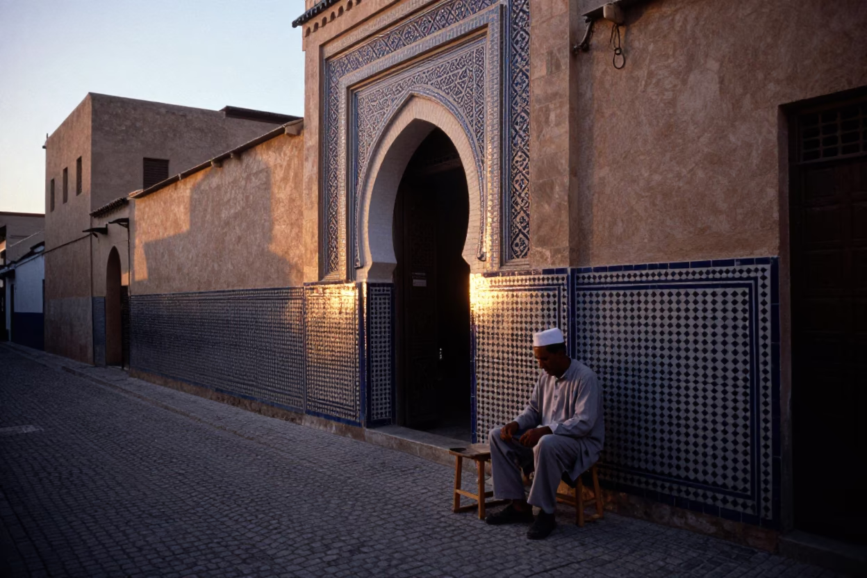 Early Evening Street Scene in Fez Morocco with Work Stool and Newspaper Stack in in Fez, Morocco