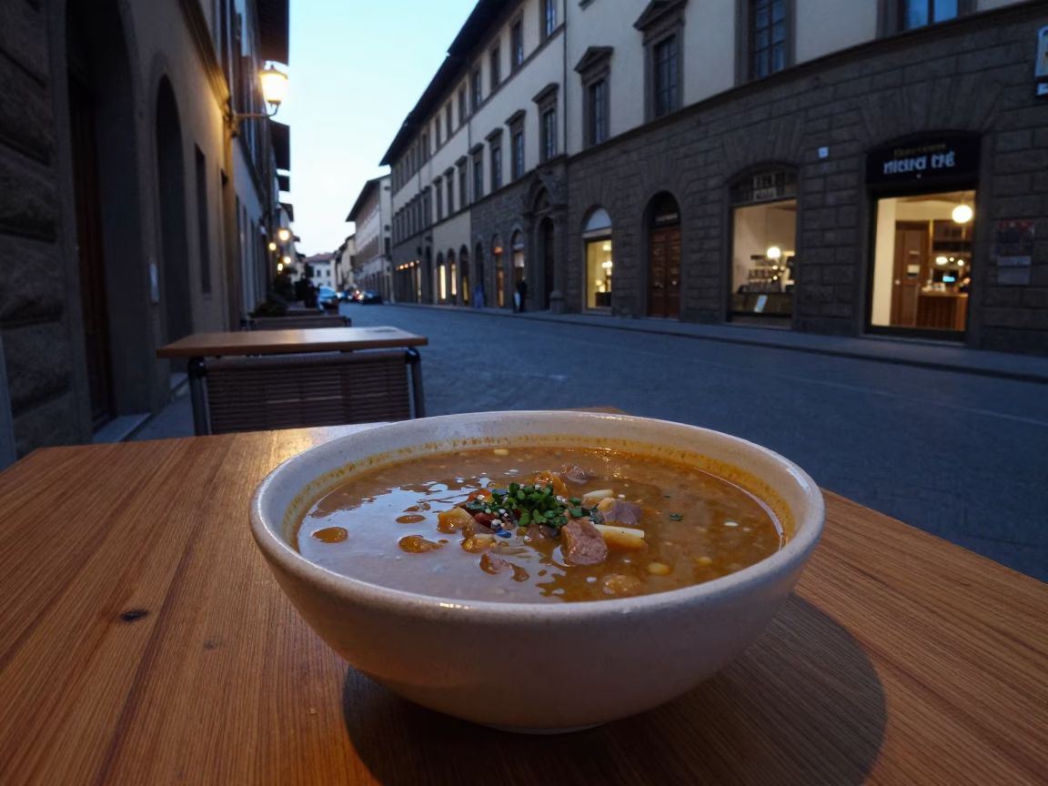 Early Evening Street Scene in Florence Italy with Bowl of Ribollita and Crusty Bread in in Florence, Italy