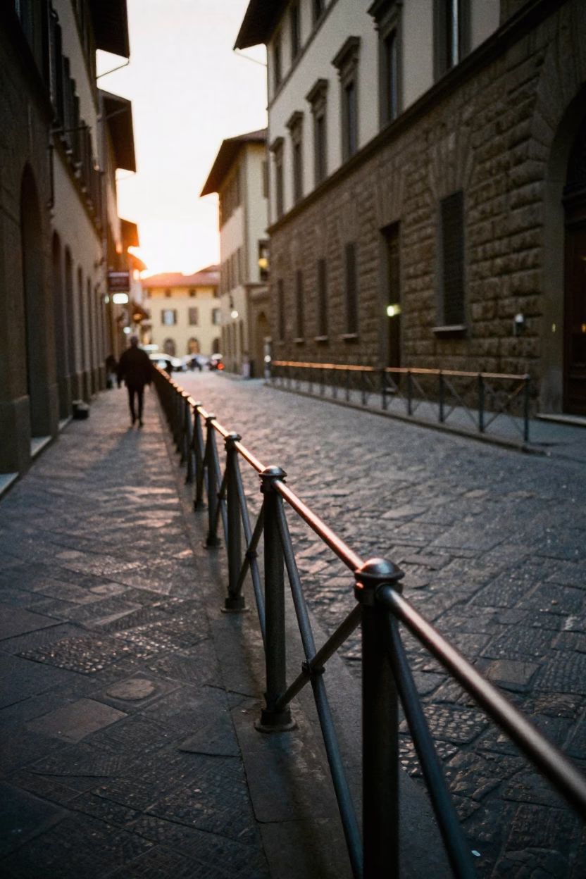 Early Evening Street Scene in Florence Italy with Brushed Steel Rail and Urban Details in in Florence, Italy