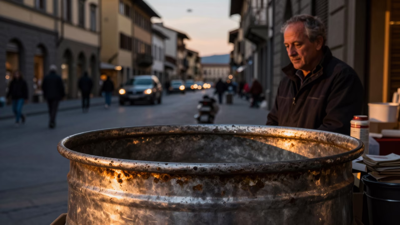 Early Evening Street Scene in Florence Italy with Dented Metal Rim Detail in in Florence, Italy