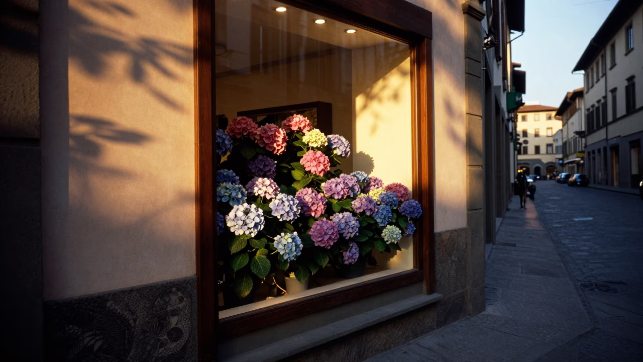 Early Evening Street Scene in Florence Italy with Hydrangeas and Local Details in in Florence, Italy