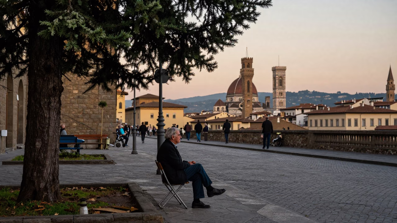 Early Evening Street Scene in Florence Italy with Vintage 1970s Folding Chair and Lichen in in Florence, Italy