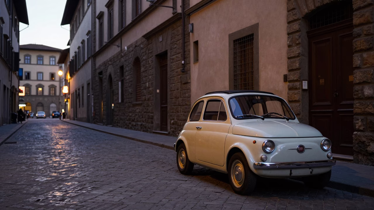 Early Evening Street Scene in Florence Italy with Vintage Car and Stone Architecture in in Florence, Italy