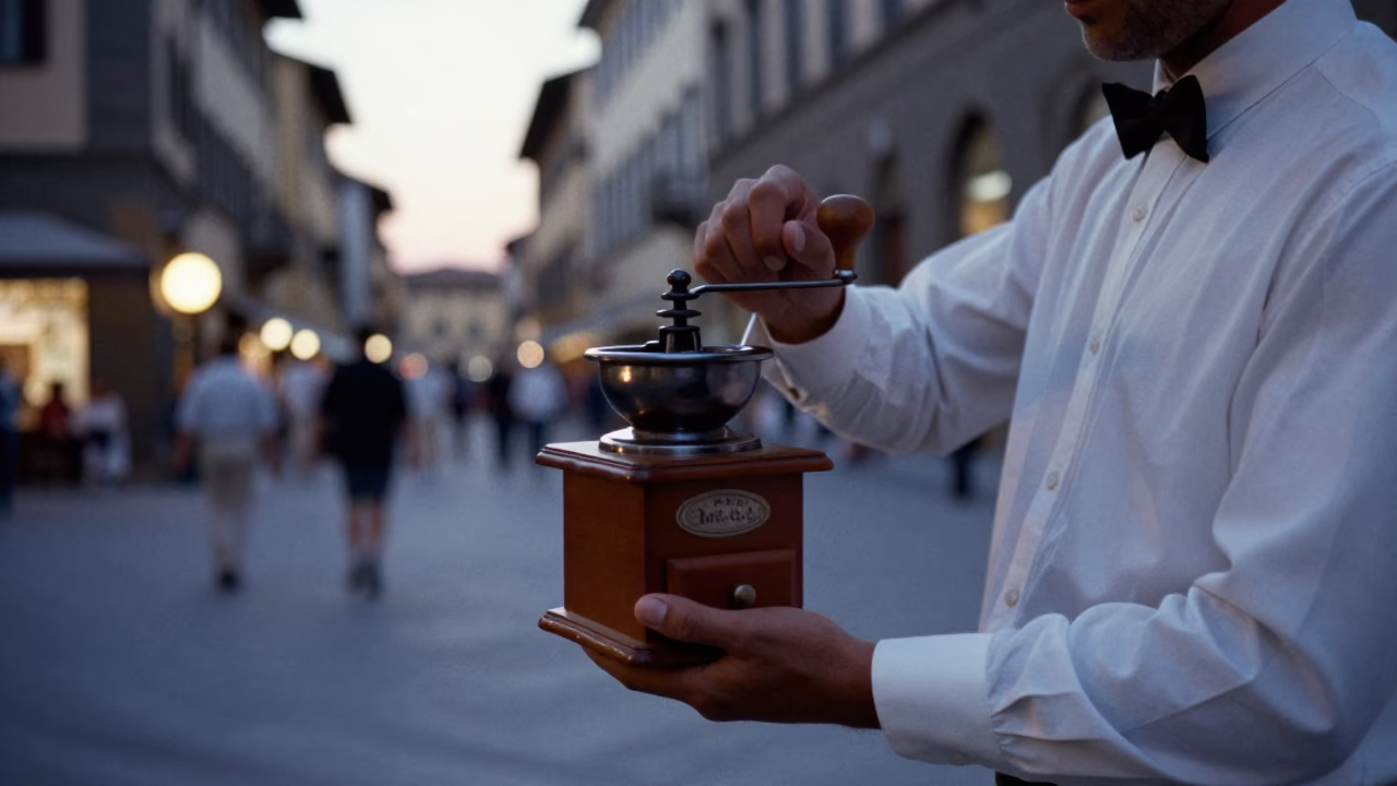 Early Evening Street Scene in Florence Italy with Vintage Coffee Grinder and Salt Shaker in in Florence, Italy