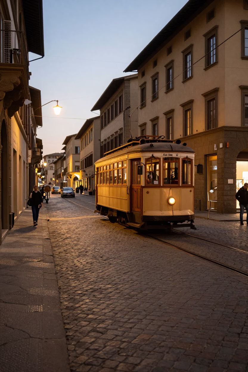 Early Evening Street Scene in Florence Italy with Vintage Trolley and Cobblestone Avenue in in Florence, Italy
