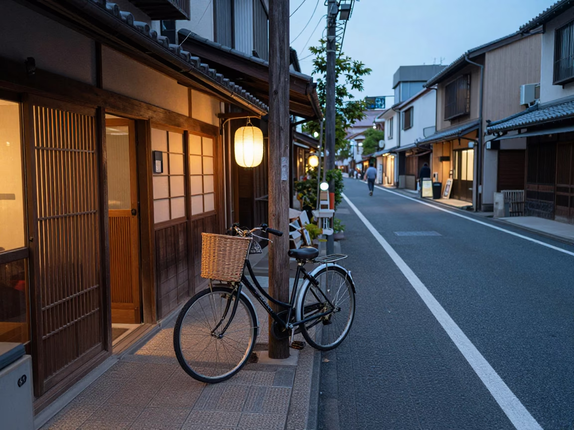Early Evening Street Scene in Fukuoka Japan with Bicycle Basket and Bonsai Juniper in in Fukuoka, Japan