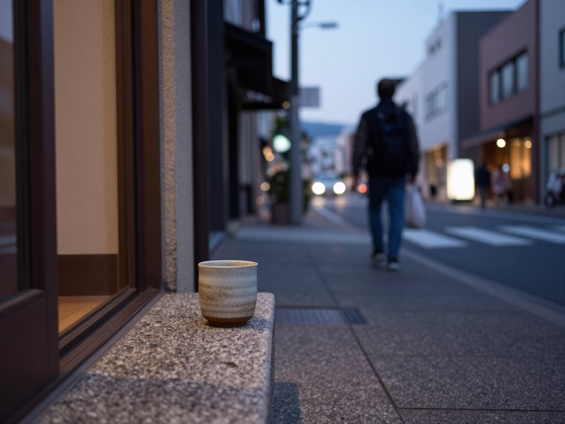 Early Evening Street Scene in Fukuoka Japan with Ceramic Cup and Bougainvillea in in Fukuoka, Japan
