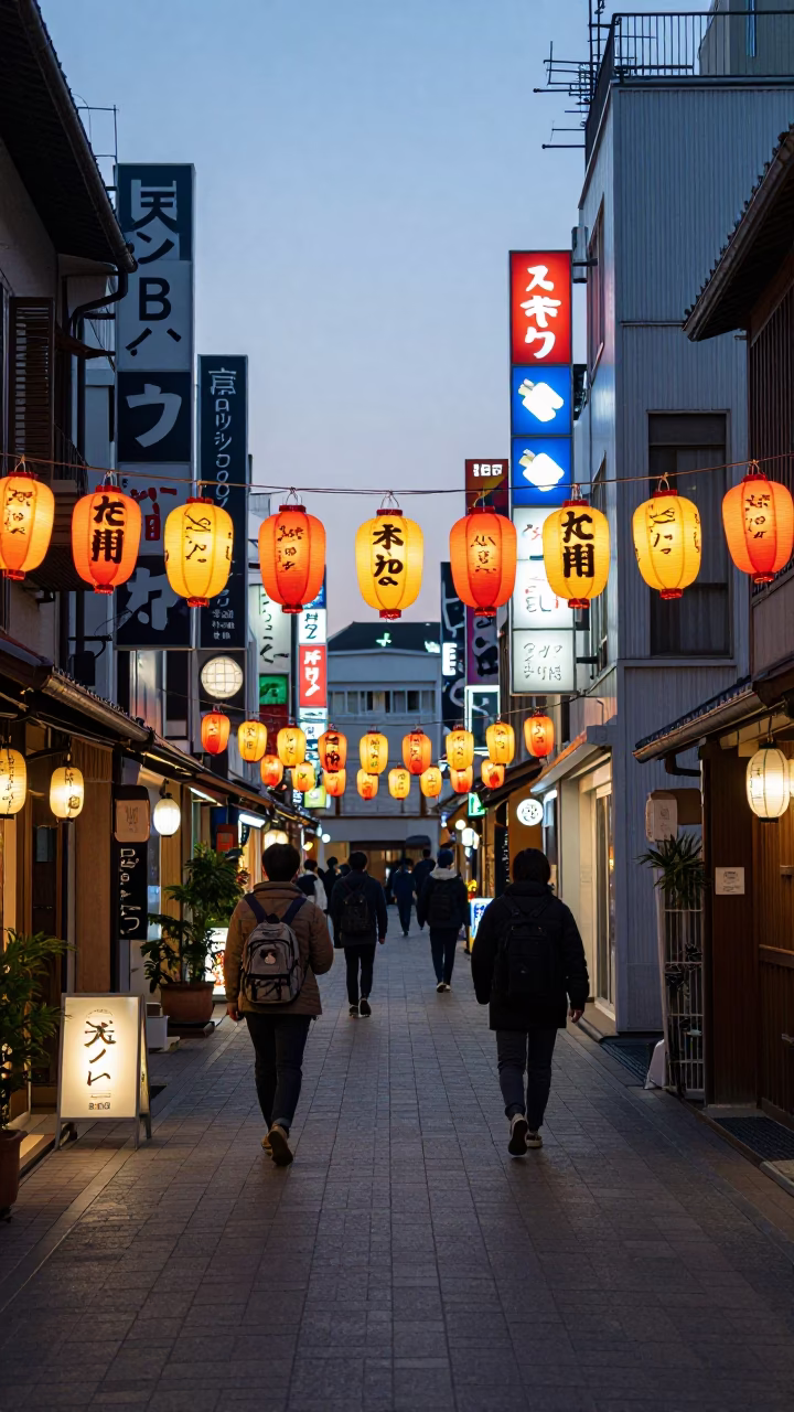 Early Evening Street Scene in Fukuoka Japan with Colorful Lanterns and Urban Activity in in Fukuoka, Japan