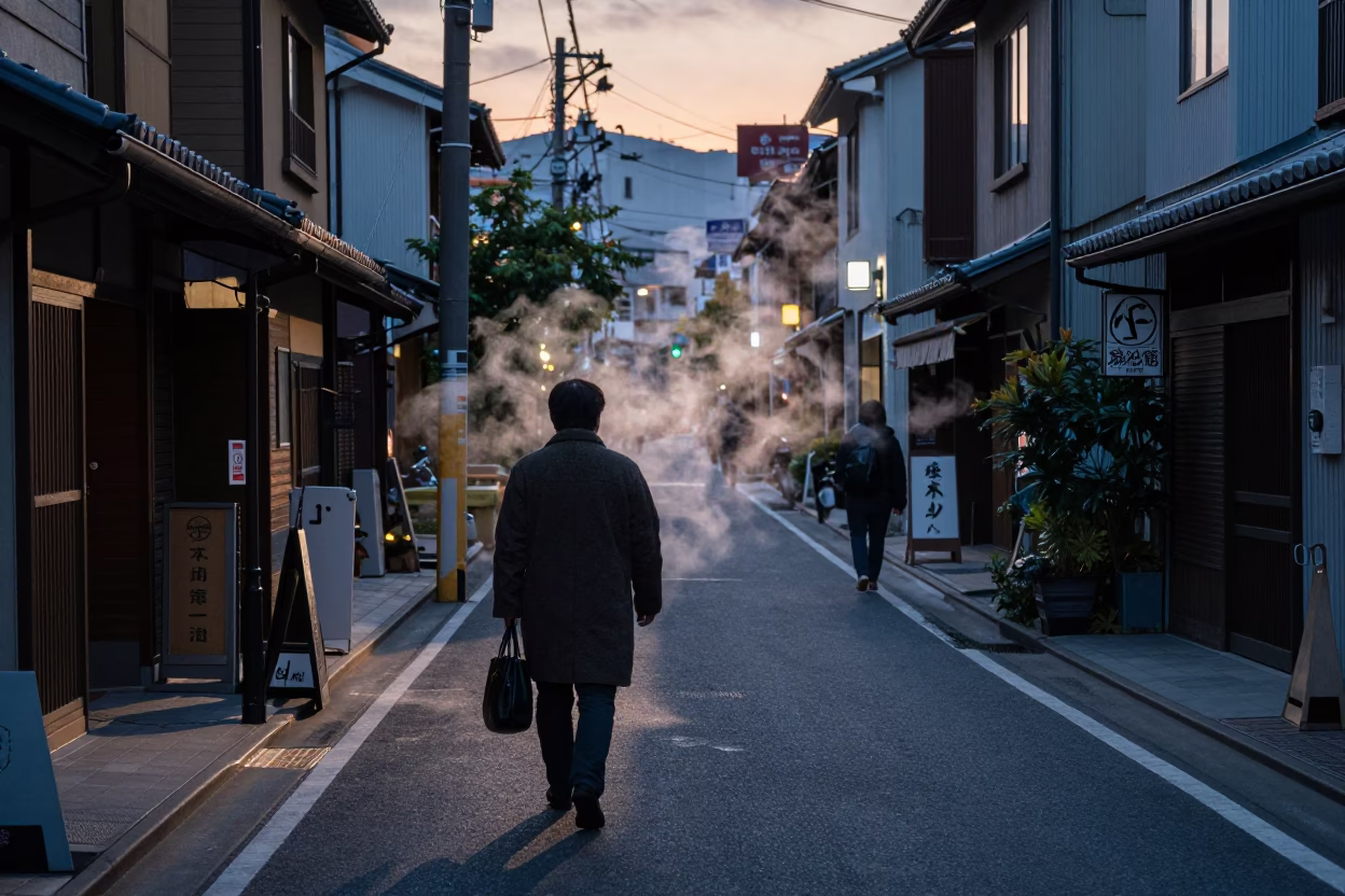 Early Evening Street Scene in Fukuoka Japan with Steam and Urban Details in in Fukuoka, Japan