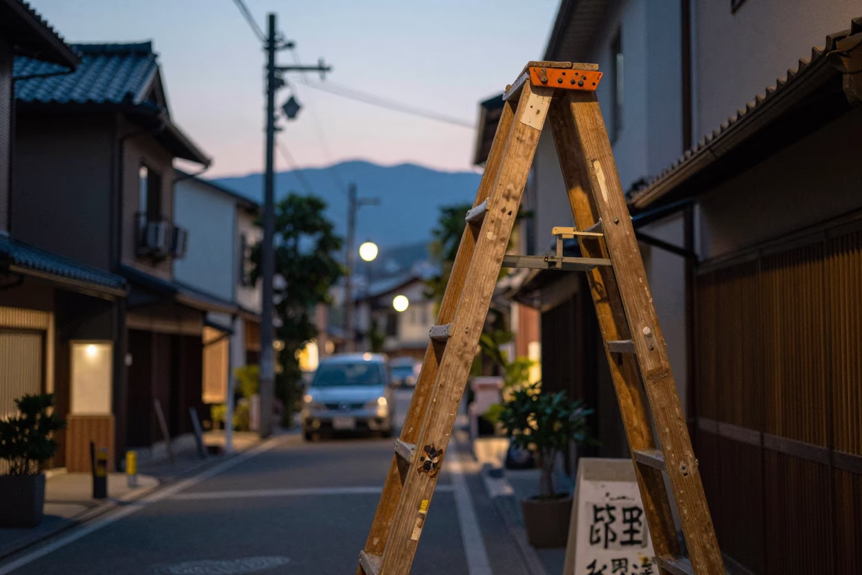 Early Evening Street Scene in Fukuoka Japan with Wooden Ladder and Brushed Steel Basin in in Fukuoka, Japan