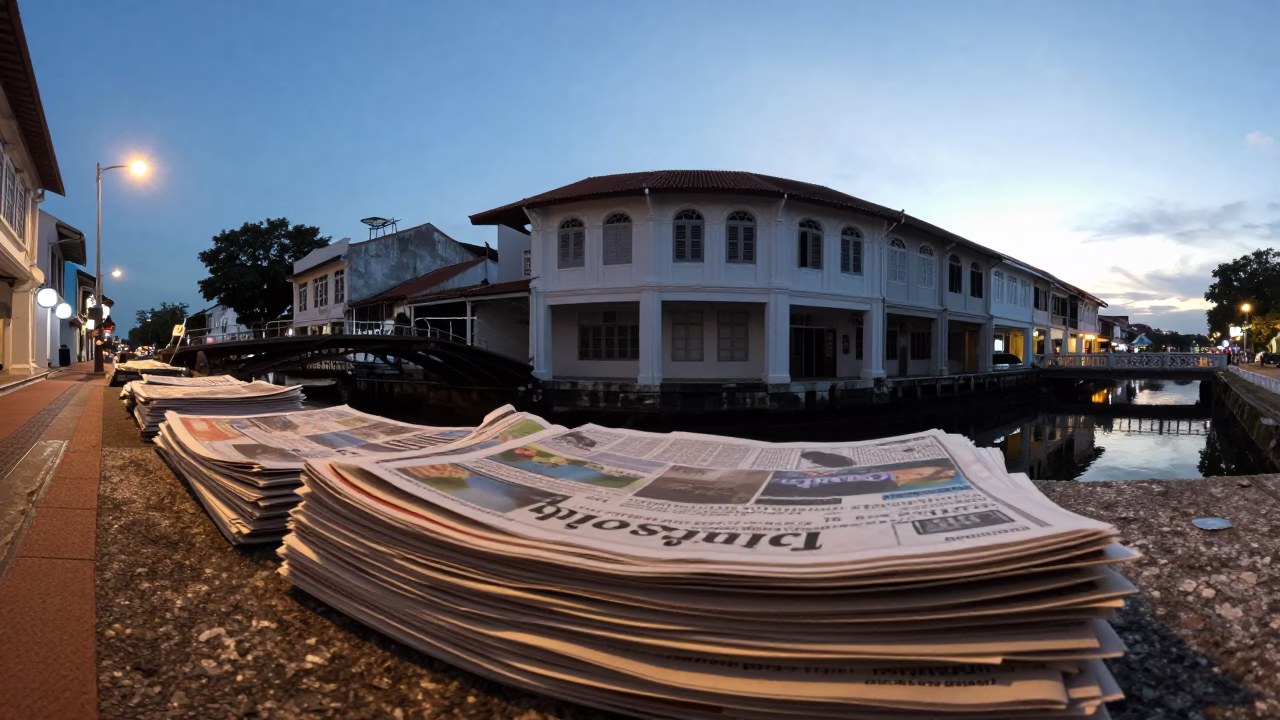 Early Evening Street Scene in George Town Malaysia with Newspaper Stack and Sunlight in in George Town, Malaysia