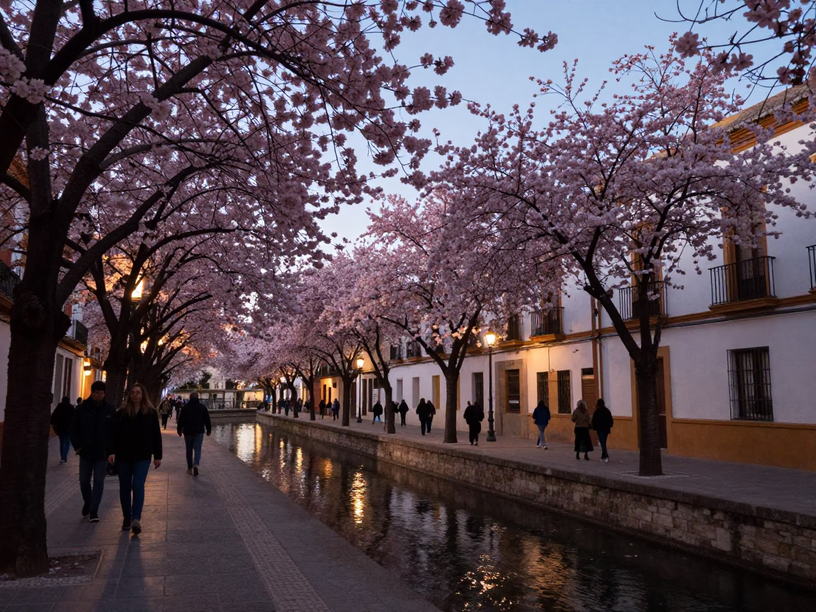 Early Evening Street Scene in Granada Spain with Cherry Trees and Canal in in Granada, Spain