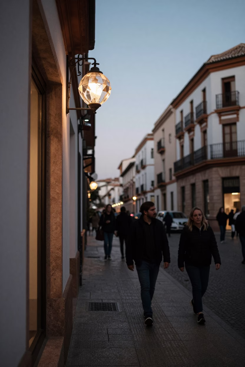 Early Evening Street Scene in Granada Spain with Faceted Glass Light and Local Architecture in in Granada, Spain