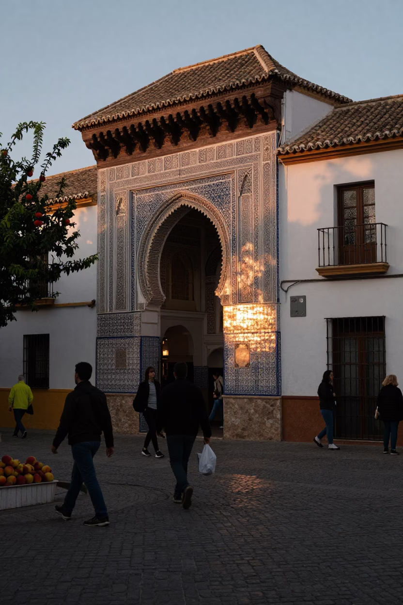 Early Evening Street Scene in Granada Spain with Nectarines and Traditional Architecture in in Granada, Spain