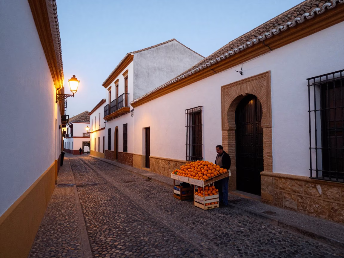 Early Evening Street Scene in Granada Spain with Oranges and Traditional Architecture in in Granada, Spain