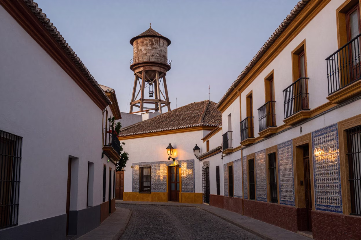 Early Evening Street Scene in Granada Spain with Water Tower Rooftop View in in Granada, Spain