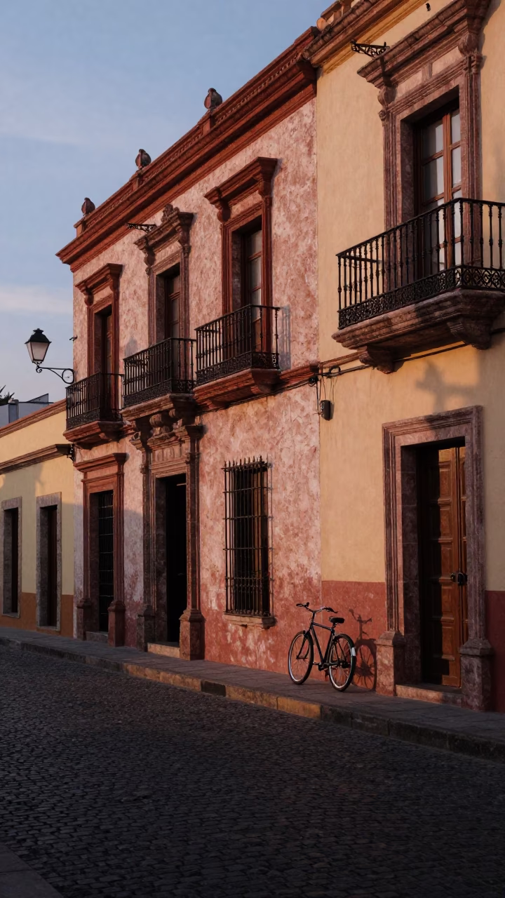 Early Evening Street Scene in Guadalajara Mexico with Bicycle and Local Architecture in in Guadalajara, Mexico