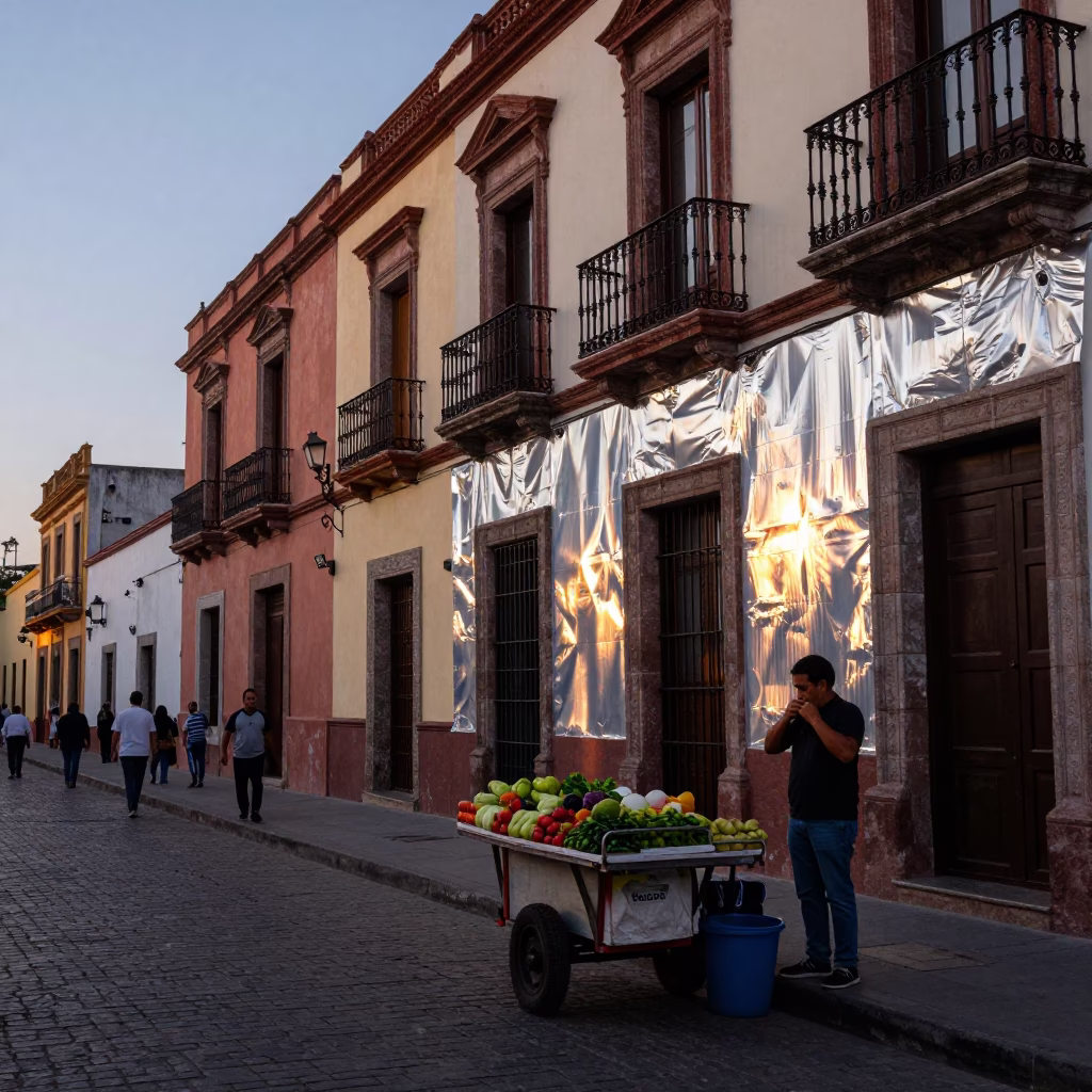 Early Evening Street Scene in Guadalajara Mexico with Brushed Steel Fabric Seam Detail in in Guadalajara, Mexico