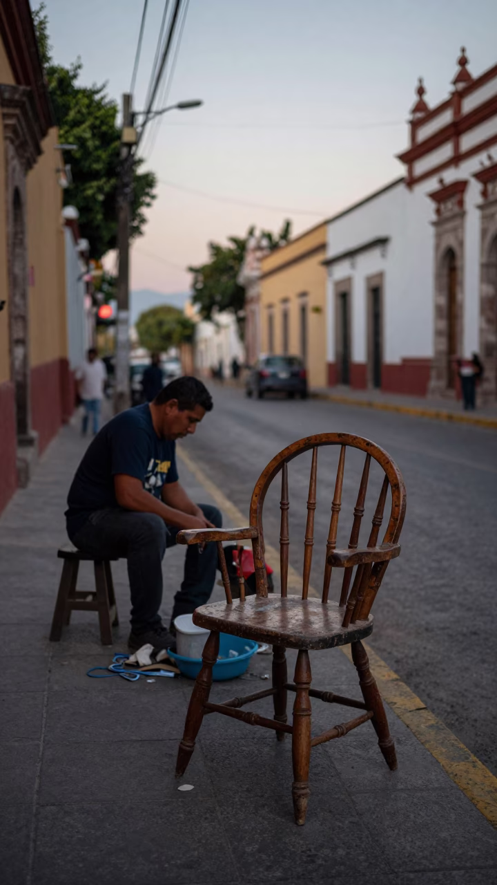 Early Evening Street Scene in Guadalajara Mexico with Wooden Furniture and Tools in in Guadalajara, Mexico