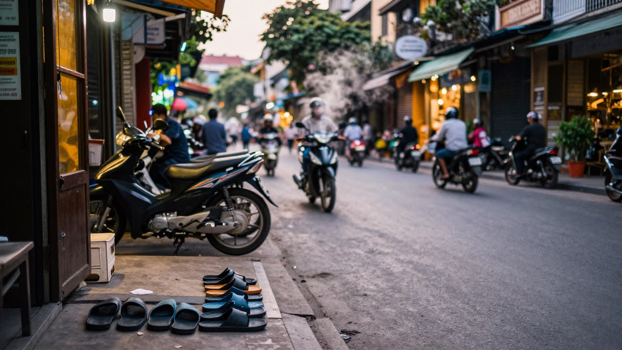 Early Evening Street Scene in Hanoi Vietnam with Motorbikes and Steam Pipes in in Hanoi, Vietnam