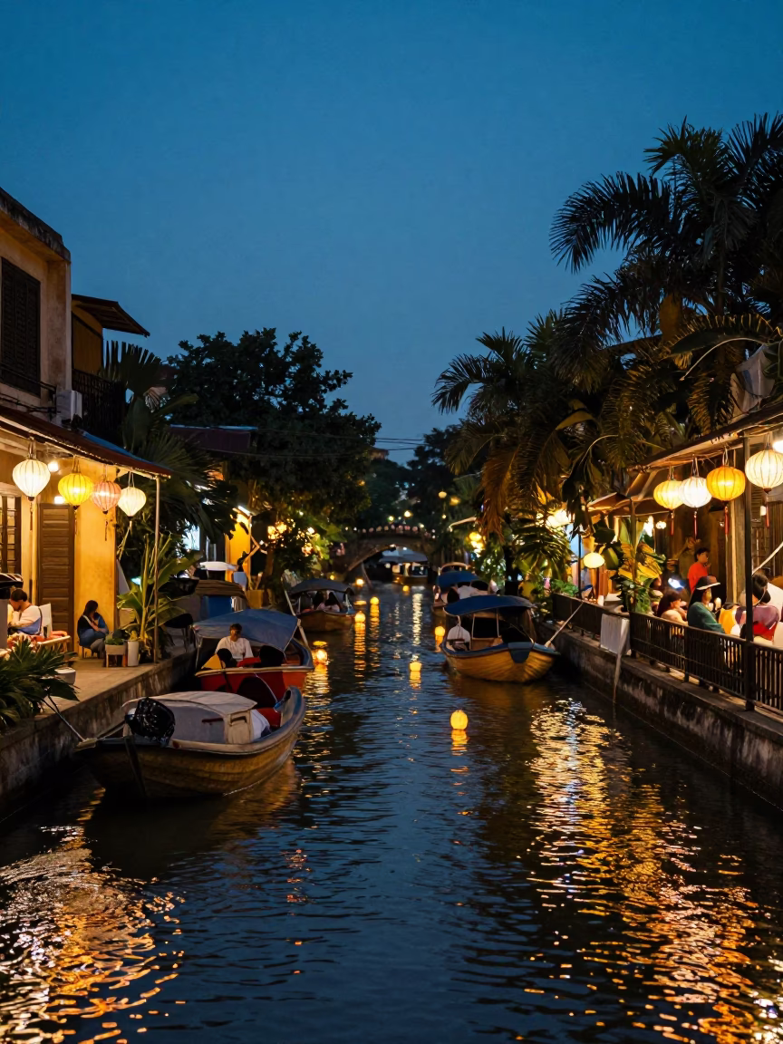 Early Evening Street Scene in Hanoi Vietnam with Paper Lanterns Floating on Water in in Hanoi, Vietnam