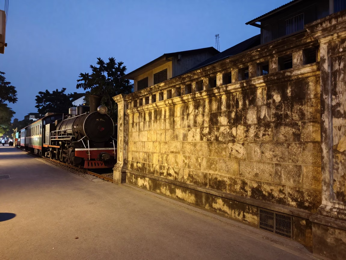 Early Evening Street Scene in Hanoi Vietnam with Steam Train and Construction in in Hanoi, Vietnam