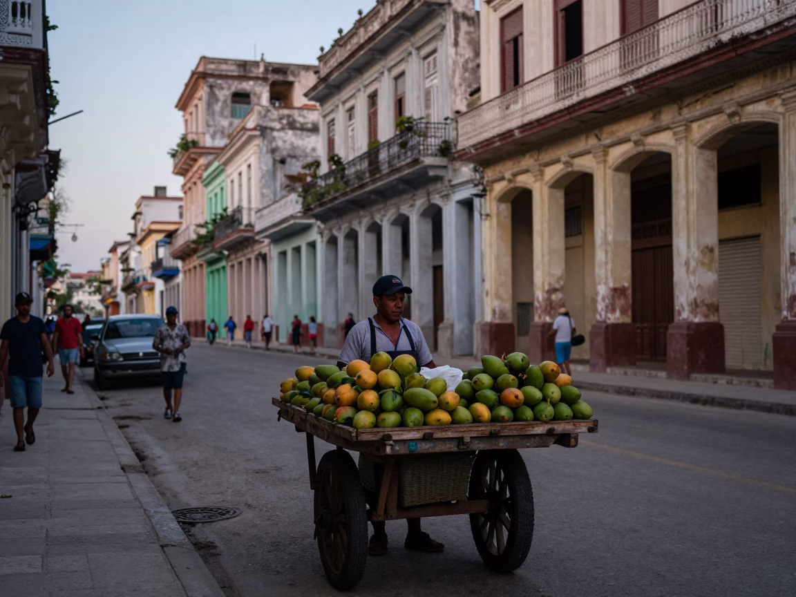 Early Evening Street Scene in Havana Cuba with Mangoes and Weathered Architecture in in Havana, Cuba
