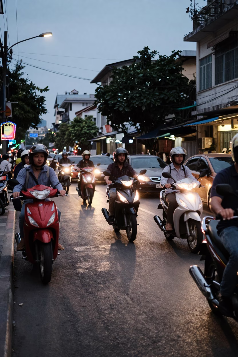 Early Evening Street Scene in Ho Chi Minh City with Motorbikes and Local Dining in in Ho Chi Minh City, Vietnam