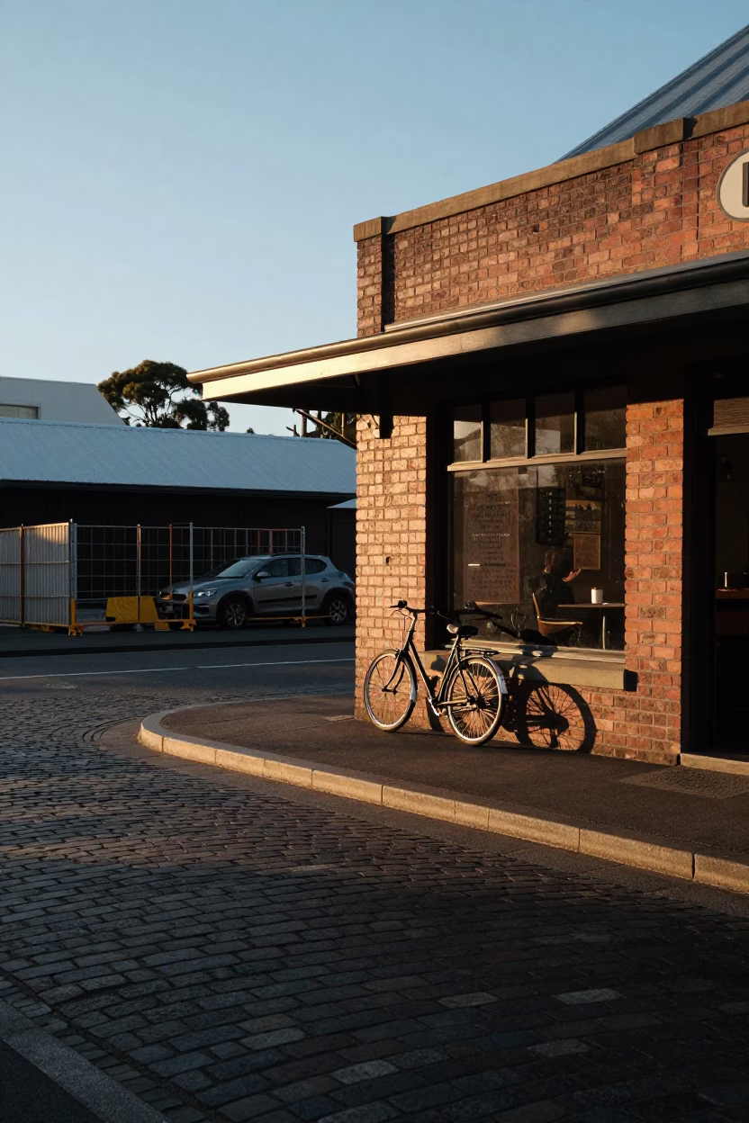 Early Evening Street Scene in Hobart Tasmania with Bicycle and Construction Site in in Hobart, Tasmania, Australia